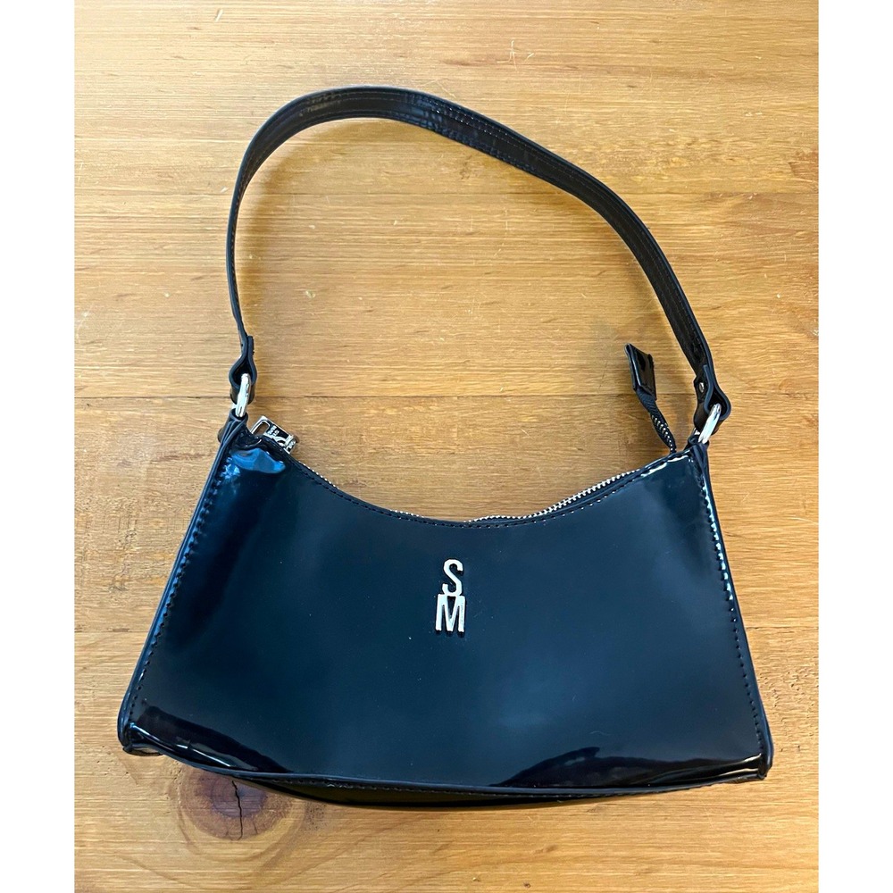 Steve Madden Black Patent Baguette Shoulder Bag Y2K Silver Logo Zip Purse